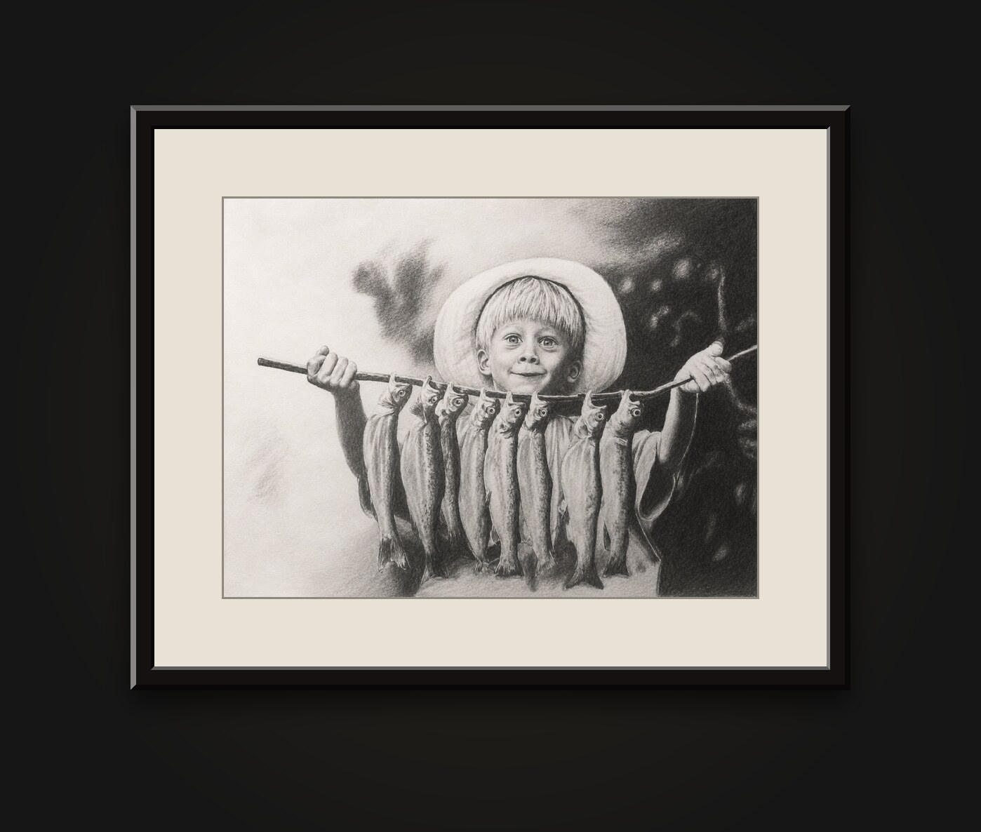 Graphite drawing of a young boy in a wide floppy hat holding a stick strung with a row of trout — shown framed on a gallery wall