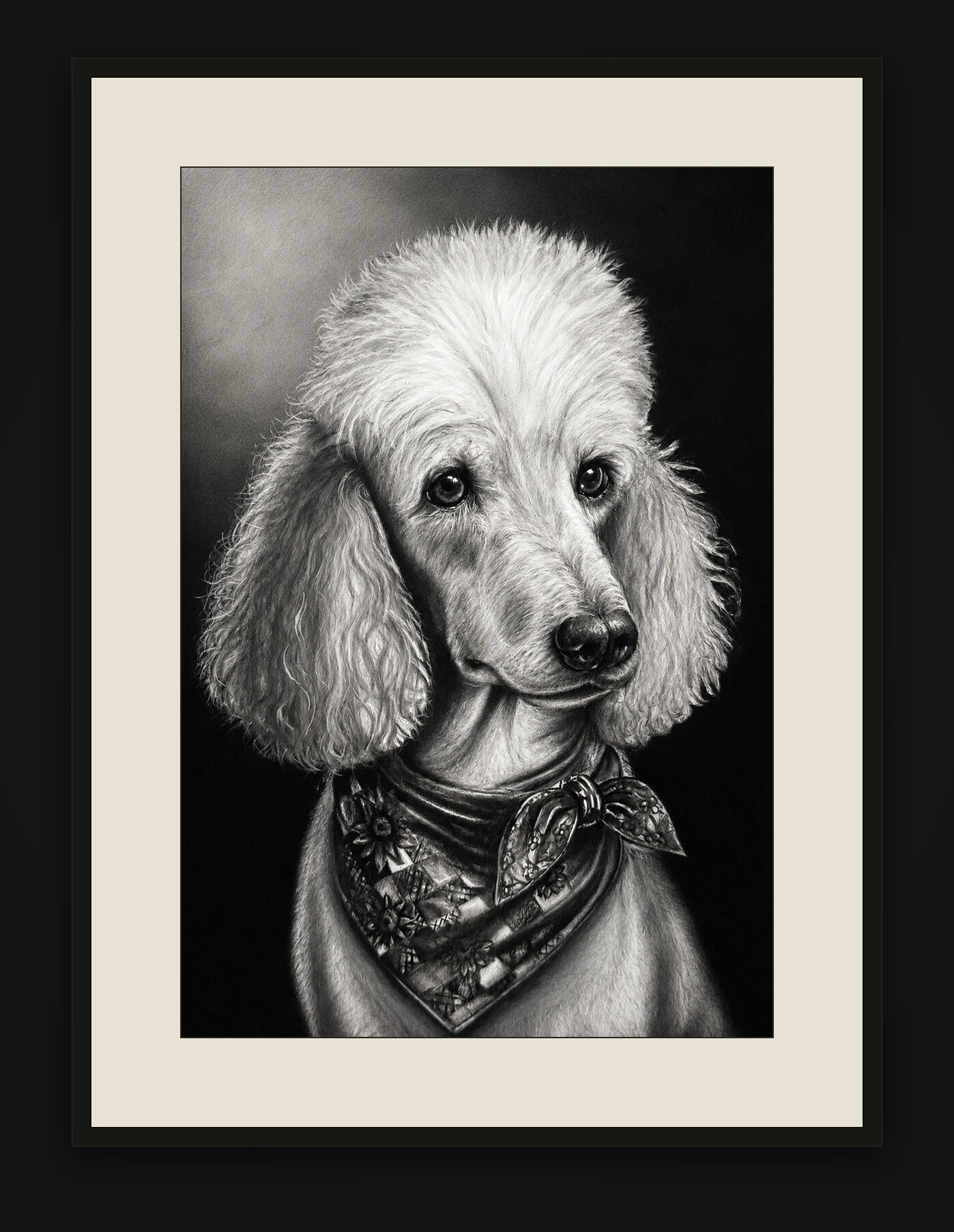 Charcoal portrait of a standard poodle wearing a paisley bandana, her light curled coat and long ears emerging from a dark background — shown framed on a gallery wall