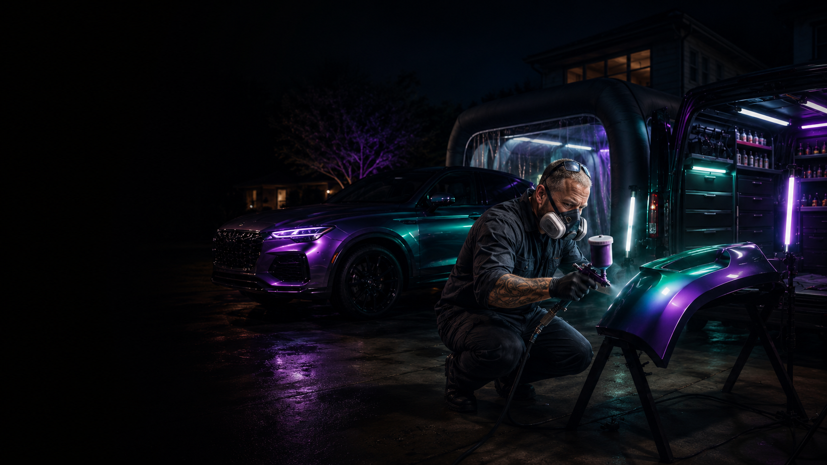 Mobile auto paint booth working at night